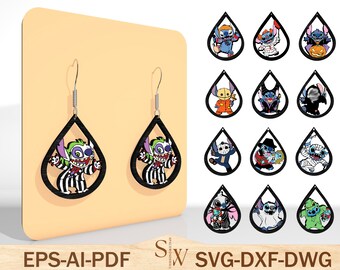 Cartoon Halloween Earrings Laser Cut Svg,Halloween Coffin Earrings Svg ,Mouse And Friends Earrings Svg, Halloween Gift, Glowforge Svg Files