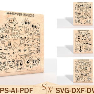 Bundle Monsters Puzzle svg, Laser geschnittenes Holzpuzzle-Spiel, 3D Laser geschnitten Puzzle SVG, Montessori Puzzle, Baby Puzzle, Kinderspiel svg