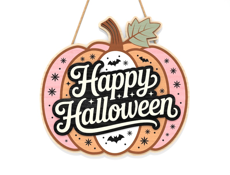 May include: A wooden pumpkin-shaped Halloween sign with the words "Happy Halloween" in a retro font. The sign features a color palette of pink, orange, and black, with star and bat accents. A jute rope is attached for hanging.