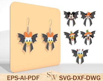Cartoon Halloween Earrings Laser Cut Svg,Halloween Coffin Earrings Svg ,Mouse And Friends Earrings Svg, Halloween Gift, Glowforge Svg Files