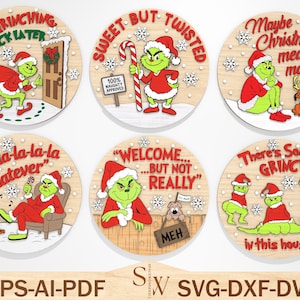 Christmas Movies Door Sign Cut File Svg, Grinchmas Welcome Sign Svg ,Christmas Decor, Merry Grinchmas Door Hanger Svg ,Glowforge Files