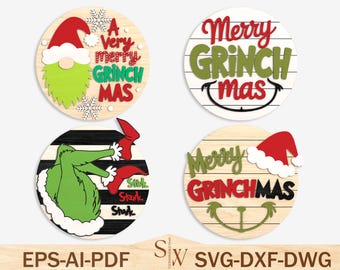 Funny Christmas Door Sign SVG Bundle, Merry Xmas Laser Cut Files for 3mm Wood, Holiday Round Sign SVG for CNC, Glowforge, Cricut