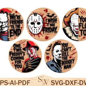 Placa de porta de terror de boas-vindas SVG, Placa de porta assustadora SVG, Placa de porta com personagens de terror SVG, Decoração de Halloween SVG, Arquivos Glowforge