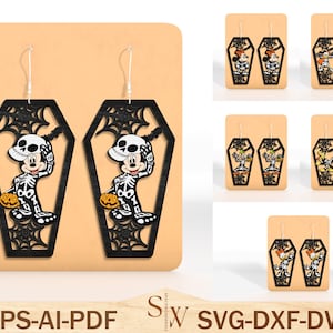 Pendientes de Halloween de dibujos animados cortados con láser Svg, pendientes de ataúd de Halloween Svg, pendientes de ratón y amigos Svg, regalo de Halloween, archivos Svg Glowforge
