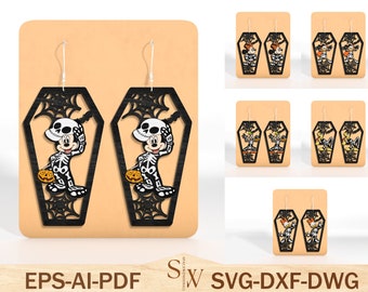 Cartoon Halloween Earrings Laser Cut Svg,Halloween Coffin Earrings Svg ,Mouse And Friends Earrings Svg , Halloween Gift, Glowforge Svg Files