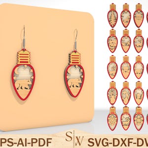 May include: Wooden Christmas light bulb earrings with a red outline and a bear design. The earrings are displayed with other designs, including a tree, house, and snowflake. The text "EPS-AI-PDF" and "SVG-DXF-DWG" is visible.