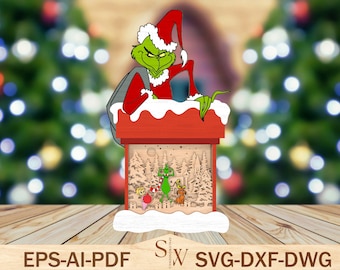 Merry Grinchmas Standing Multilayer Laser CutfileSvg, Cartoon Standing Layer Holzschild Holzschild, Cartoon WeihnachtsSvg, Weihnachtsglowforge-Datei