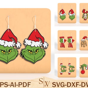 May include: A set of Christmas-themed earrings featuring the Grinch, the Grinch with a heart, the Grinch with a Christmas tree, and the Grinch with a Christmas stocking. The earrings are made of wood and are painted in green, red, and white.