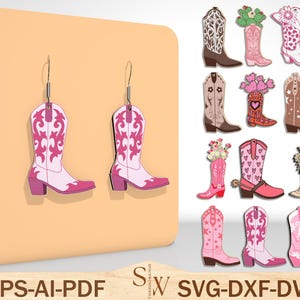 May include: Pink and white cowboy boot earrings with decorative swirls. The earrings are displayed on a peach-colored background, with a collection of other cowboy boot designs in the background. The image also includes the text "EPS-AI-PDF" and "SVG-DXF-DWG".