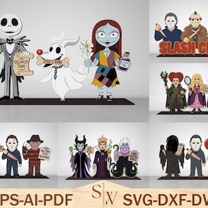 May include: A collection of digital character illustrations featuring figures from horror and fantasy films, including Jack Skellington, Zero, Sally, the Slash Crew, the Sanderson sisters, Chucky, Michael Myers, Freddy Krueger, and various villains.