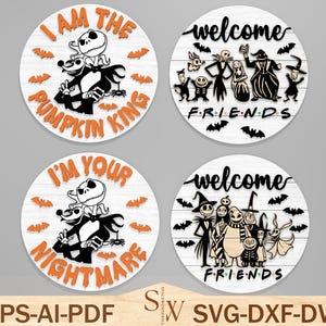 Halloween Round Sign SVG Bundle , Cute Scary Welcome Sign Laser Cut File , Glowforge Wood Decor , Spooky Layered Circle SVG