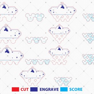 May include: A collection of laser-cut designs featuring a castle silhouette, stars, and Mickey Mouse ear shapes. The designs are in red, blue, and light blue, with the words "CUT", "ENGRAVE", and "SCORE" at the bottom.
