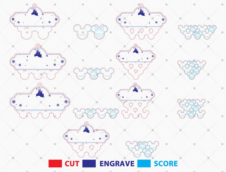 May include: A collection of laser-cut designs featuring a castle silhouette, stars, and Mickey Mouse ear shapes. The designs are in red, blue, and light blue, with the words "CUT", "ENGRAVE", and "SCORE" at the bottom.