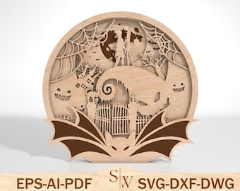 Plik SVG z warstwami Halloween, Straszna scena nocna wycinana laserowo, Glowforge SVG, Nawiedzony dom DXF, Cyfrowy plik dekoracji na Halloween