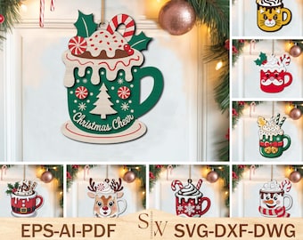Christmas Mug Sign SVG Bundle, Hot Cocoa Ornament Laser Cut Files, Holiday Winter Coffee Cup Layered Ornament svg, Glowforge Svg Files