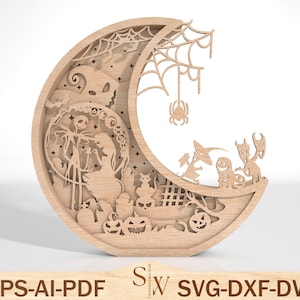 Könnte beinhalten: Eine mehrschichtige Halloween-Dekoration aus Holz in Form eines Halbmonds. Das Design zeigt ein Spinnennetz, eine Spinne und verschiedene gruselige Charaktere, darunter Jack Skellington und Sally. Der Text "EPS-AI-PDF SVG-DXF-DWG" ist enthalten.
