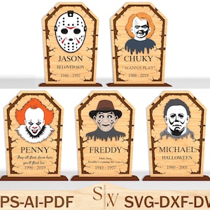 Op de afbeelding: Houten grafsteenontwerpen met horrorfilmkarakters Jason, Chucky, Pennywise, Freddy en Michael Myers. Elke grafsteen heeft de naam van het personage, geboorte- en sterfjaren en een citaat. De onderkant van de afbeelding heeft de tekst "EPS-AI-PDF SVG-DXF-DWG".