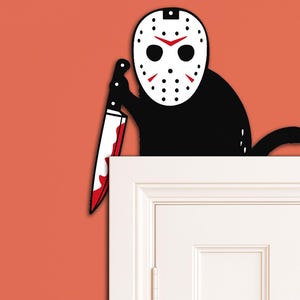 Gruselige Messer Katze über Tür SVG, lustige Halloween Laser geschnitten Datei, Horror Katze Wandschild, Halloween Tür Topper Dekor SVG