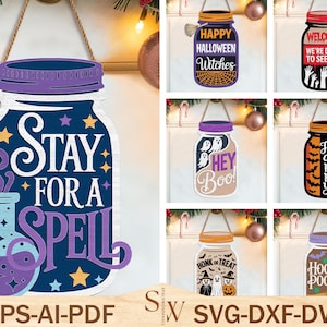 Halloween Mason Jar Sign SVG, Spooky Wooden Ornament Laser Cut File, Fall Door Hanger Glowforge Template, Christmas Decor