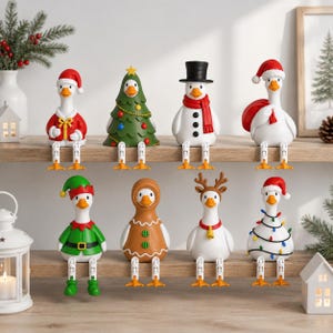 May include: A set of eight decorative goose figurines with dangling legs, each featuring different holiday themes including a Santa suit, Christmas tree, snowman, Santa with a sack, elf, gingerbread man, reindeer, and a goose wrapped in string lights.