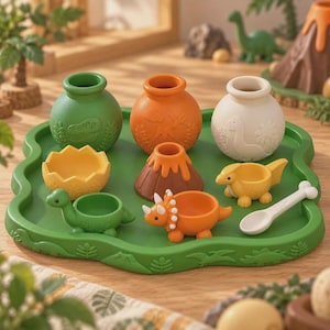 Op de afbeelding: Een groen dienblad met een verzameling dinosaurus-thema items, waaronder drie ronde potten in groen, oranje en wit, een klein vulkaanmodel, een gele eierdop in de vorm van een gebarsten ei, twee dinosaurusvormige kommen en een witte botvormige lepel.