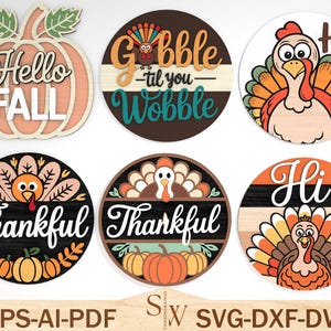 Fall & Thanksgiving SVG Sign Bundle - Hello Fall, Thankful, Turkey Door Hanger Laser Cut Files for Cricut, Glowforge