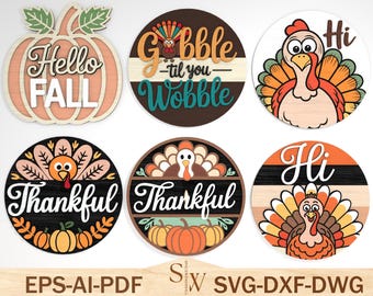 Fall & Thanksgiving SVG Sign Bundle - Hello Fall, Thankful, Turkey Door Hanger Laser Cut Files for Cricut, Glowforge