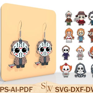 May include: A pair of dangle earrings featuring a cartoon Jason Voorhees design with a hockey mask and a bloody knife. Additional horror movie character earrings are also shown. The earrings are displayed on a tan background.