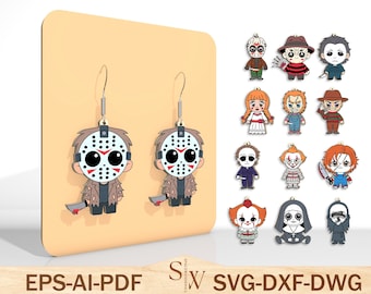 Horror Earring Laser Cut File Svg Bundle, Horror Character Svg ,Horror Coffin Earrings Svg ,Halloween Earrings Svg, Glowforge Files Svg