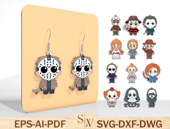 Horror Earring Laser Cut File Svg Bundle, Horror Character Svg ,Horror Coffin Earrings Svg ,Halloween Earrings Svg, Glowforge Files Svg