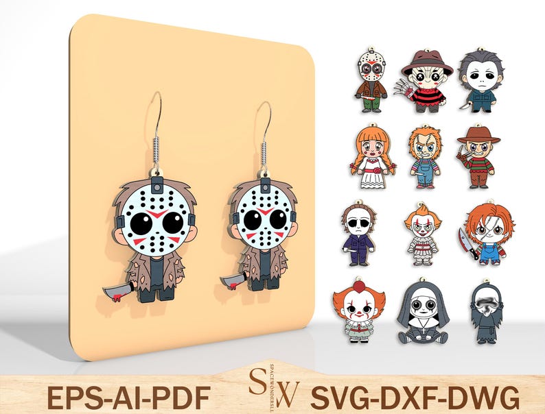 May include: A pair of dangle earrings featuring a cartoon Jason Voorhees design with a hockey mask and a bloody knife. Additional horror movie character earrings are also shown. The earrings are displayed on a tan background.