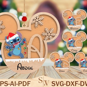 Personalized Merry Stitchmas Alphabet Ornament Svg, Customize Name Lasercut File Svg, Cartoon Character Svg, Wooden Head Mouse Hanger Svg