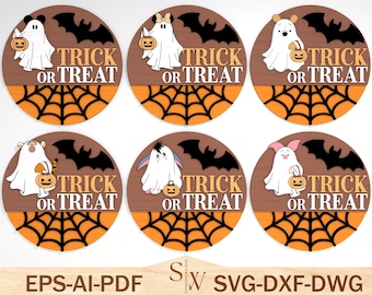 Mouse Ghost Door Sign SVG , Trick Or Treat Svg, Laser Cut Files ,Halloween Round Door Hanger SVG, Halloween Door Sign, Glowforge Cricut