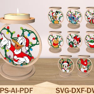 キャンドルホルダー SVG、レーザーカットファイル SVG、クリスマスオーナメント SVG、木製デザイン SVG、漫画映画 SVG、マウスカップル SVG、黄色いクマ SVG、スティッチ