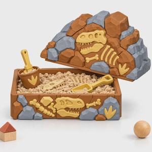 May include: A rectangular brown sandbox container featuring molded dinosaur fossils and rock textures on the exterior. The lid is shaped like a rocky mountain with a T-Rex skeleton relief. Inside are beige sand, a small bucket, and a shovel.