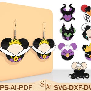 Orecchini Topolino Cattivo SVG, File di taglio laser Regina Cattiva, Gioielli Malefica SVG, Orecchini Cattivi SVG, File di taglio orecchini Glowforge