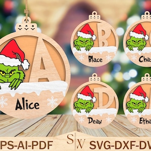 Ornamento do alfabeto Merry Grinchmas Laser Cutfile Svg, Enfeite de Natal de desenho animado Svg, Enfeite de Natal Svg, Decoração de Natal, Arquivo Glowforge Svg