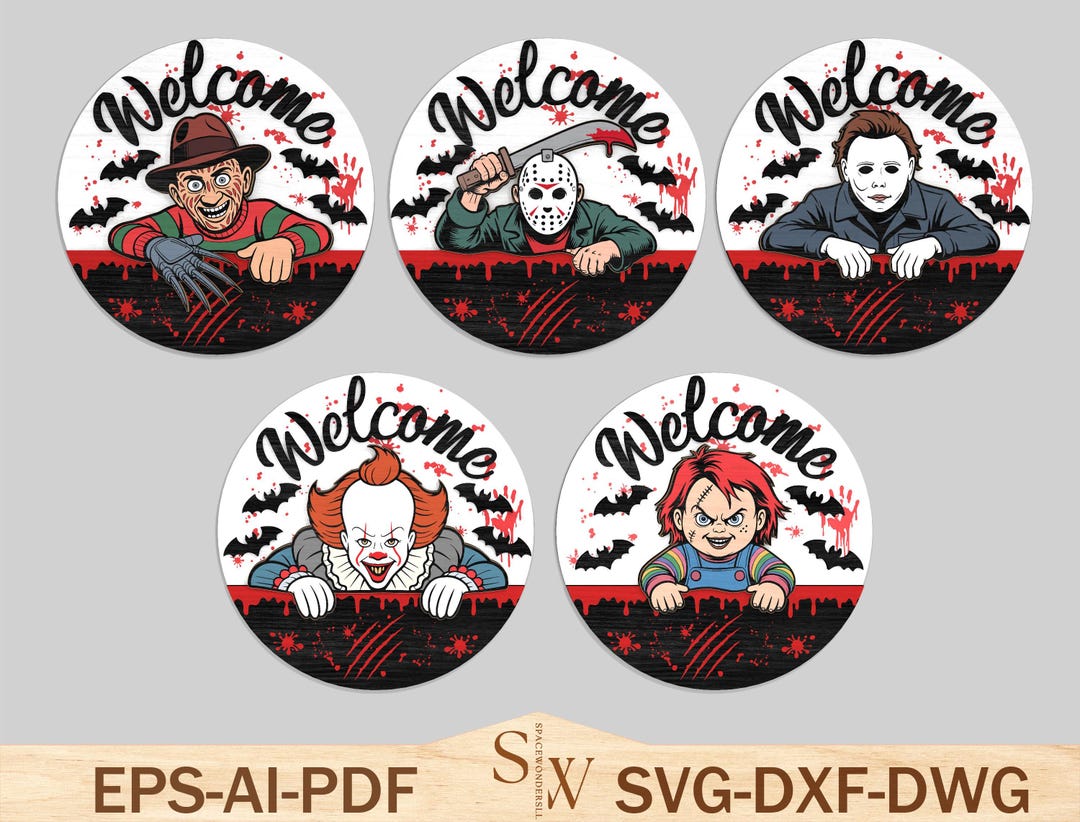 Horror Characters Door Sign Bundle Svg, Halloween Door Hanger Svg ...