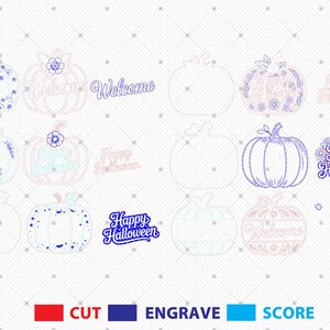 May include: A collection of pumpkin-shaped cutouts and text elements for Halloween. The designs include floral patterns, the word "Welcome," and "Happy Halloween." The image also features color-coded instructions for cutting, engraving, and scoring.