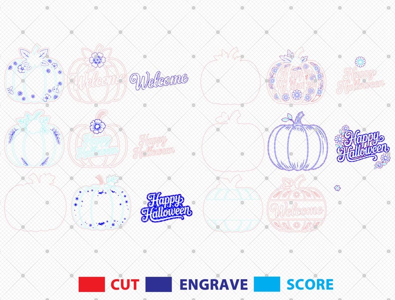 May include: A collection of pumpkin-shaped cutouts and text elements for Halloween. The designs include floral patterns, the word "Welcome," and "Happy Halloween." The image also features color-coded instructions for cutting, engraving, and scoring.