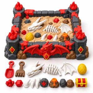 May include: A dragon-themed sandbox playset featuring a gray stone-like castle frame with red flame accents. The sand pit contains white dragon bone pieces, a yellow egg, and rocks. Includes a red shovel, brown rake, additional bones, crystals, and a small treasure chest.