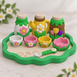 Spring Garden Kitchen Playset STL-paket, blomskålar, burkar och vattenkanna 3D-utskriftsfiler, blommig låtsaslekset STL 3MF