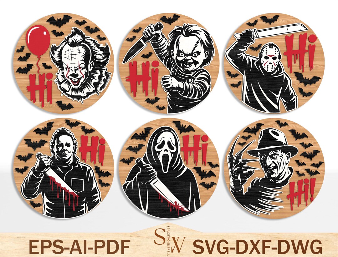 Horror Characters Door Sign Bundle Svg, Halloween Door Hanger Svg ...