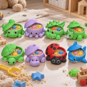 Può includere: Una collezione di otto contenitori in plastica colorati a forma di animale con coperchio, tra cui una rana, un polpo, un coccodrillo, un triceratopo, una tartaruga, un ippopotamo, una coccinella e uno squalo, pieni di sabbia e stampini.