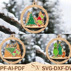 File di taglio laser di ornamenti natalizi in formato SVG, Ornamento natalizio dei cartoni animati in formato SVG, Ornamento Grinchmas in formato SVG, Decorazioni natalizie, File SVG di Glowforge di Natale