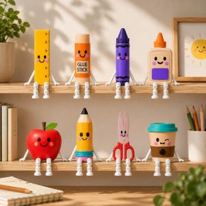 May include: A collection of eight anthropomorphic school supply figurines sitting on two wooden shelves. The characters include a yellow ruler, orange glue stick, purple crayon, glue bottle, red apple, yellow pencil, pink scissors, and a coffee cup.