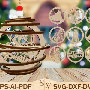 May include: Wooden Christmas ornament with a spiral design, featuring a Star Wars theme. Includes laser-cut character ornaments and the text "EPS-AI-PDF" and "SVG-DXF-DWG". The ornament is suspended by a string with a red and white pom-pom.