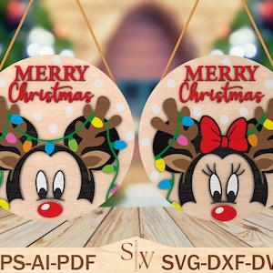 Merry Christmas Door Hanger Svg ,Cartoon Mouse Door Sign ,Cartoon Welcome Sign Cut File Svg, Christmas Decor, Glowforge Svg Files