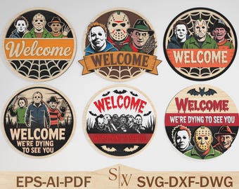 Horror Welcome Sign SVG Bundle, Scary Characters Laser Cut File Set, Halloween Door Sign SVG for Glowforge & Cricut