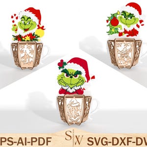 Frohe Grinchmas Becher Laterne Stehend SVG, Frohe Weihnachten Wohnkultur, Lasercut-Datei SVG, DIY Holz Baby Weihnachtsmann Grinch Box Vorlage svg